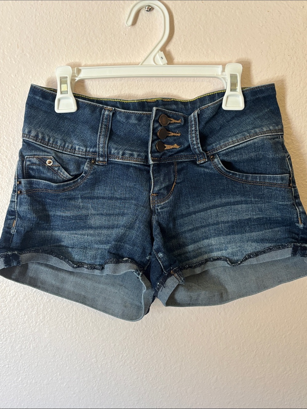 High-Rise Dark Blue Denim Jean Shorts with Triple-Button Waist, Size 1